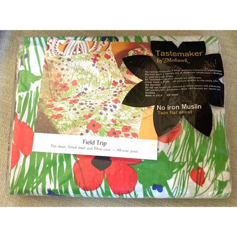Vtg NOS Tastemaker by Mohawk NO Iron Muslin Twin FLAT Sheet Field Trip Print USA